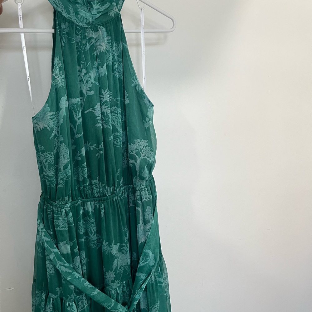 Lulu's Teal Halter Tiered Midi Dress with Waist Tie - Picture 3 of 9